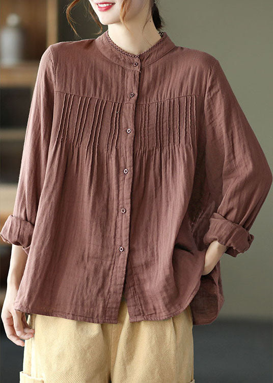 Fitted Chocolate Patchwork Wrinkled Tops Fall Shirt