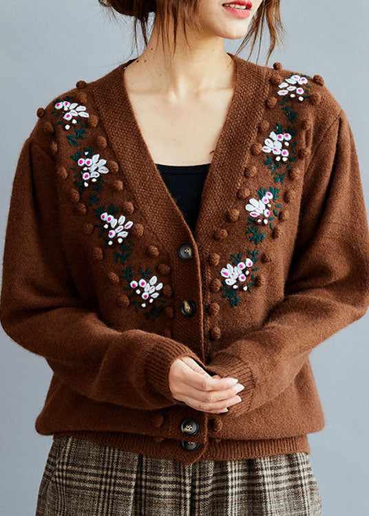 Fitted Chocolate Embroideried Button Knit Sweaters Coat Winter