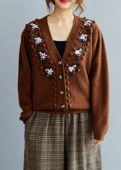 Fitted Chocolate Embroideried Button Knit Sweaters Coat Winter