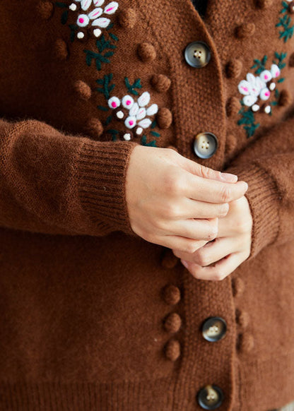 Fitted Chocolate Embroideried Button Knit Sweaters Coat Winter