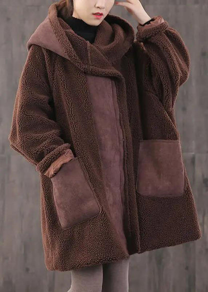 Fitted Chocolate Zippered Pockets Loose Thick Winter Long Sleeve Hooded Coat