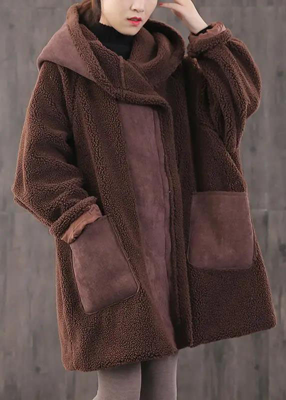 Fitted Chocolate Zippered Pockets Loose Thick Winter Long Sleeve Hooded Coat