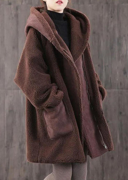 Fitted Chocolate Zippered Pockets Loose Thick Winter Long Sleeve Hooded Coat