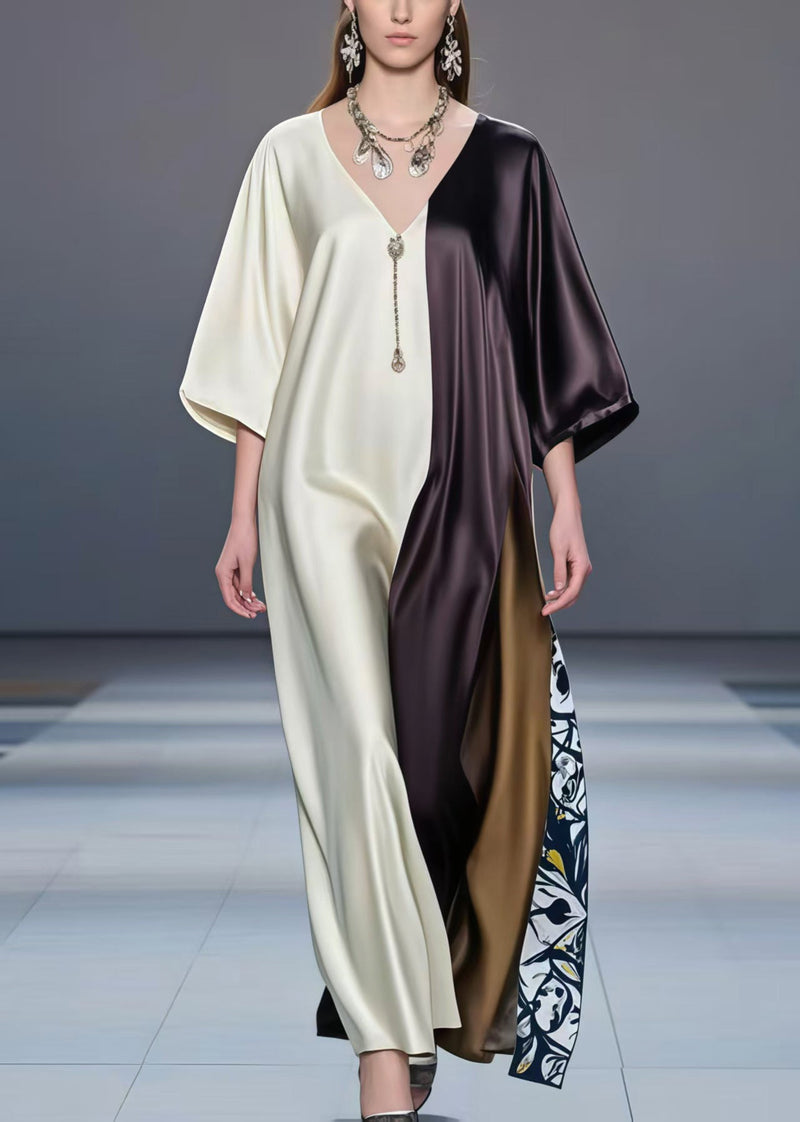 Fitted Colorblock Oversized Patchwork Silk Dresses Half Sleeve