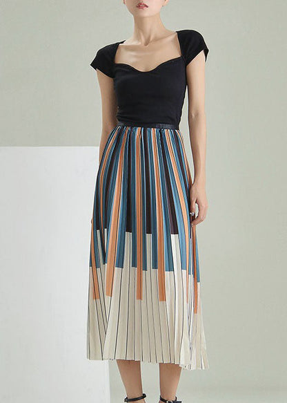 Fitted Colorblock Striped Print Pleated Skirt Spring