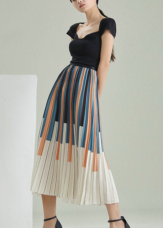 Fitted Colorblock Striped Print Pleated Skirt Spring