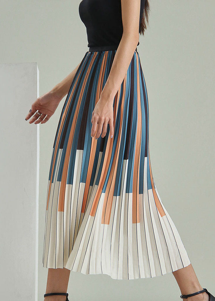Fitted Colorblock Striped Print Pleated Skirt Spring