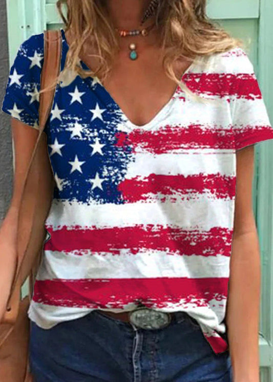 Fitted Colorblock V Neck Independence Day Print Cotton Tank Tops Short Sleeve