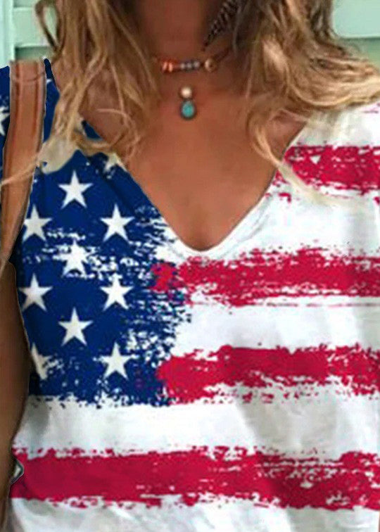 Fitted Colorblock V Neck Independence Day Print Cotton Tank Tops Short Sleeve