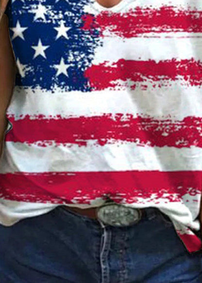 Fitted Colorblock V Neck Independence Day Print Cotton Tank Tops Short Sleeve
