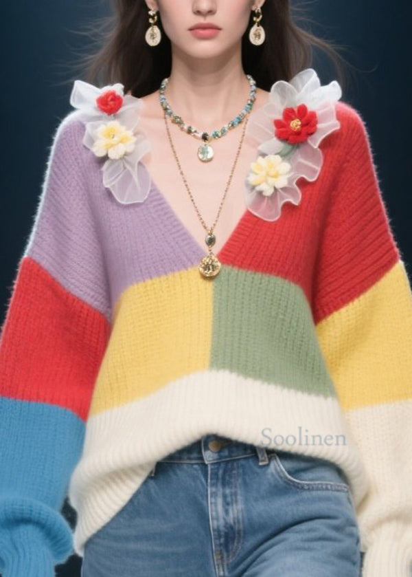 Fitted Colorblock V Neck Ruffled Knit Pullover Fall
