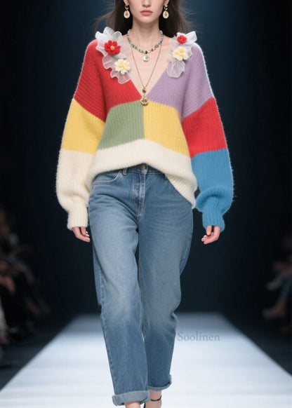 Fitted Colorblock V Neck Ruffled Knit Pullover Fall