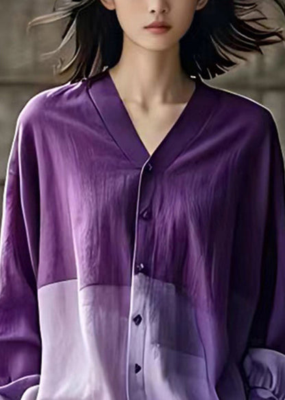 Fitted Gradient Color Purple Button Top Long Sleeve
