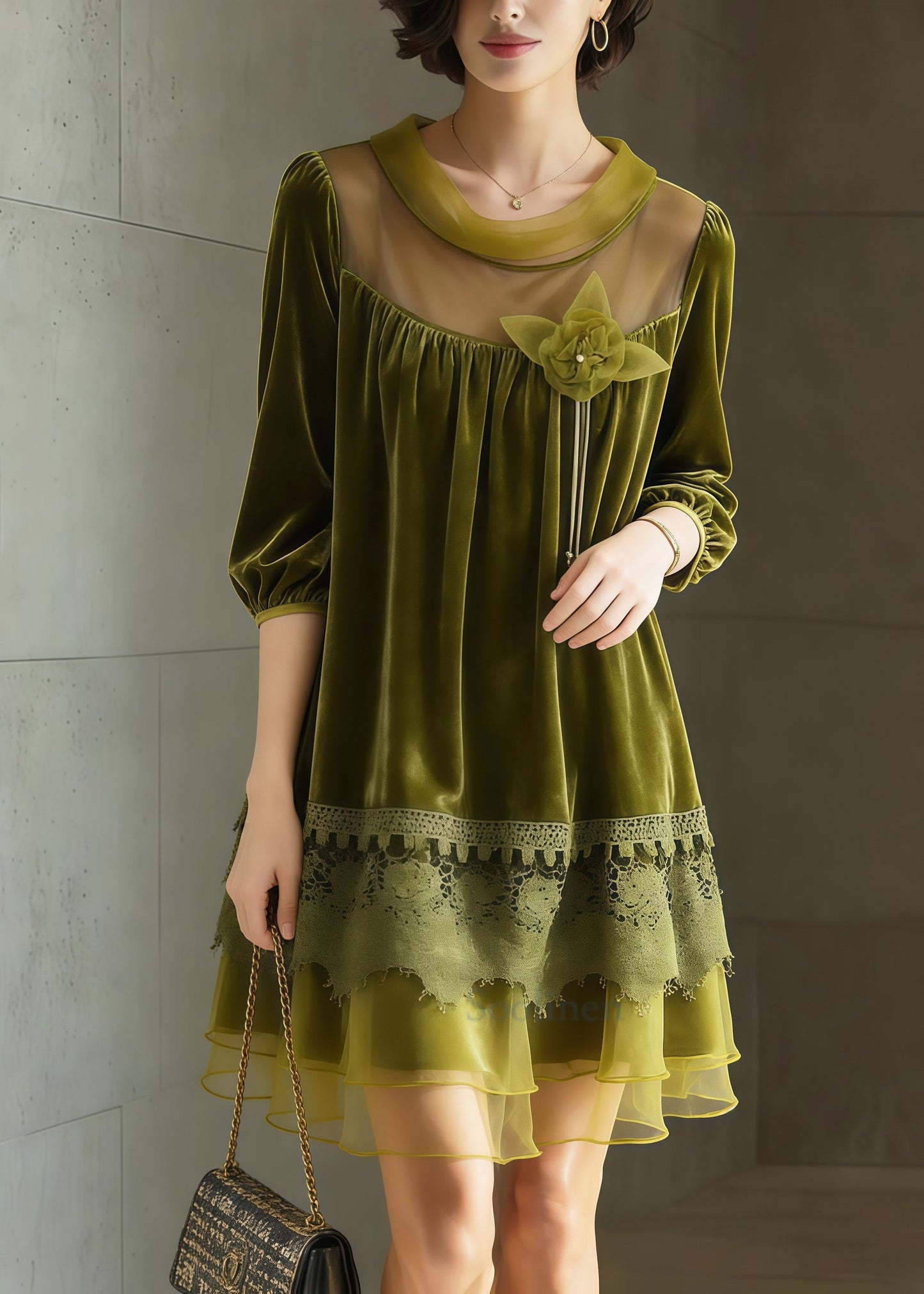 Fitted Grass Green Oversized Patchwork Silk Velvet Tea Dress Half Sleeve