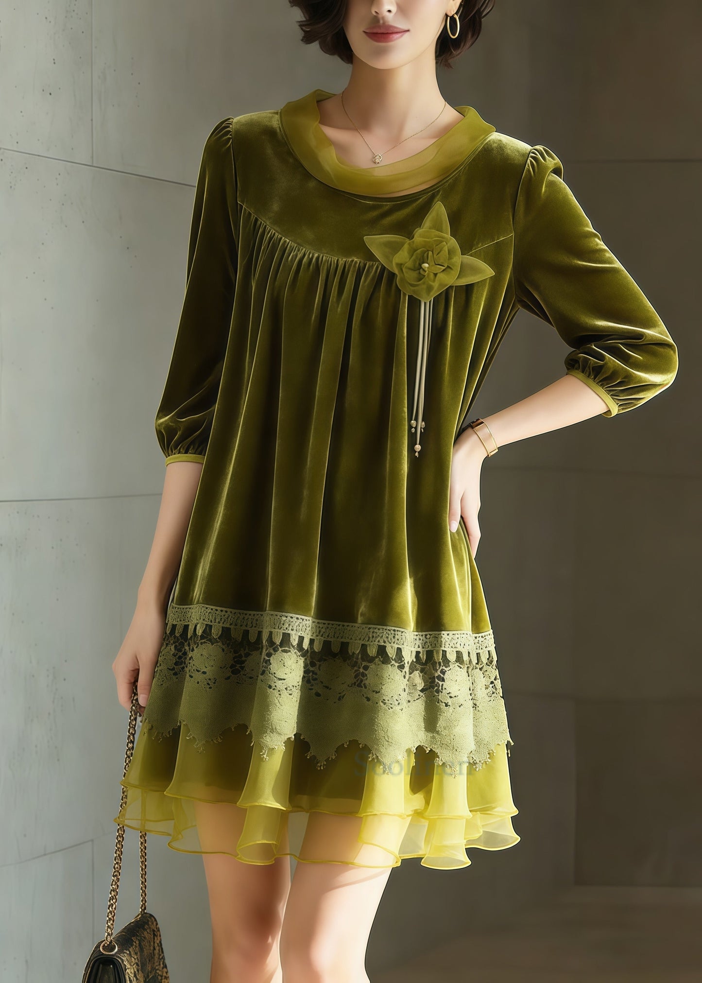 Fitted Grass Green Oversized Patchwork Silk Velvet Tea Dress Half Sleeve