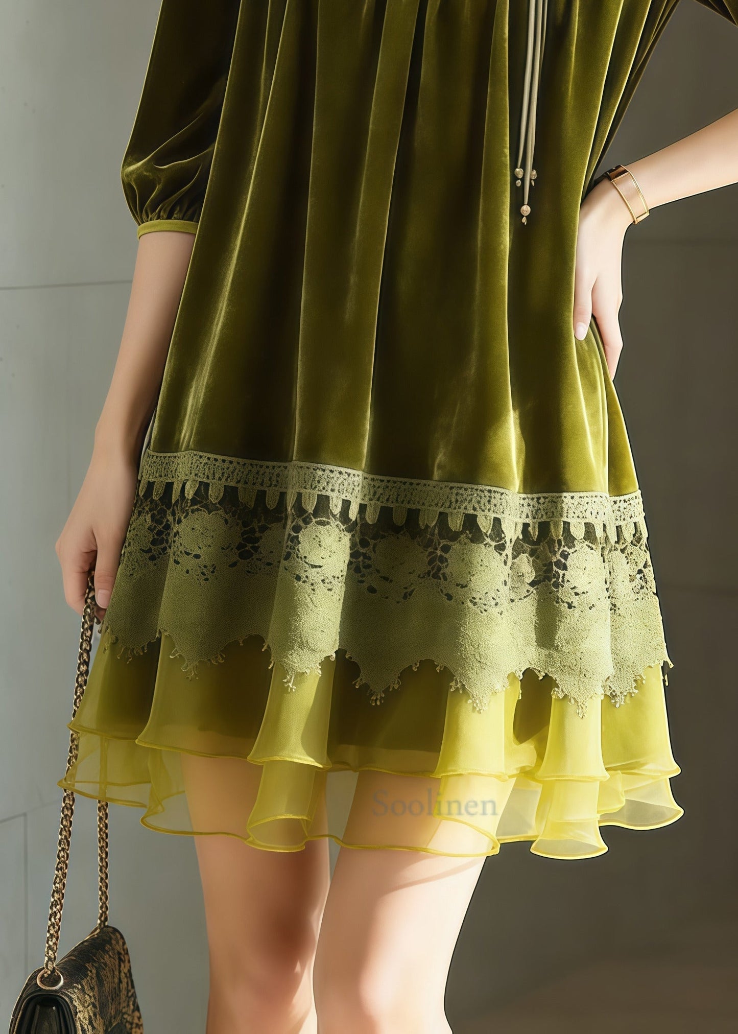 Fitted Grass Green Oversized Patchwork Silk Velvet Tea Dress Half Sleeve