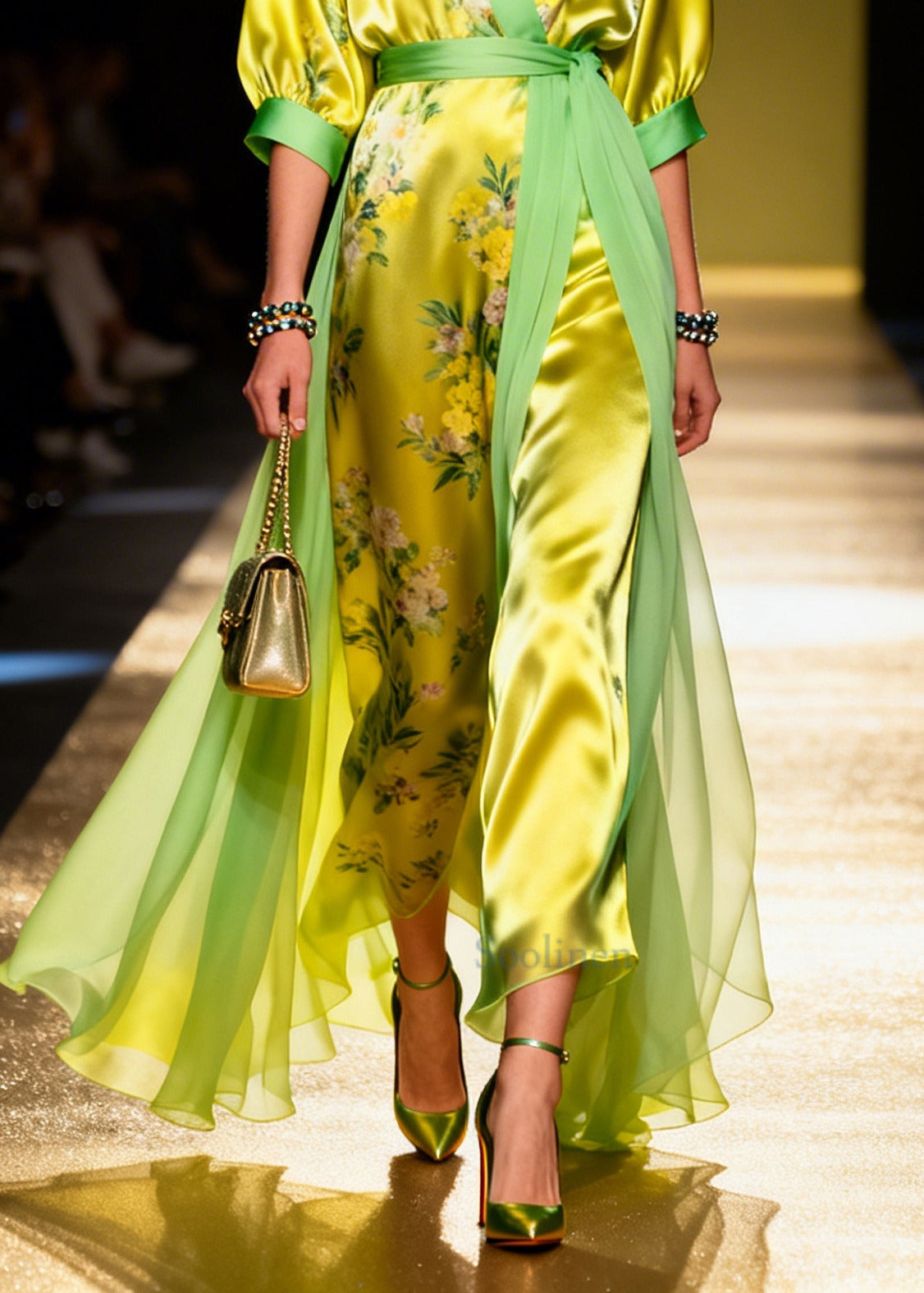 Fitted Grass Green Print Tulle Patchwork Silk Party Dresses Summer