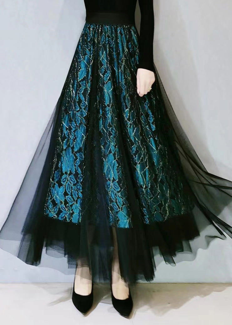 Fitted Green Lace Tulle High Waist Hollow Out Lace a Line Skirts