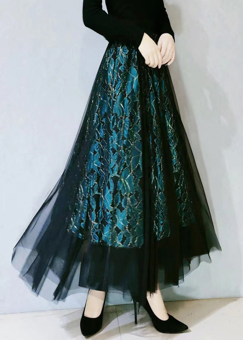 Fitted Green Lace Tulle High Waist Hollow Out Lace a Line Skirts