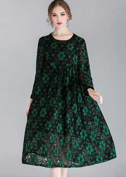 Fitted Green Hollow Out Jacquard Spring Long Sleeve Mid Dress