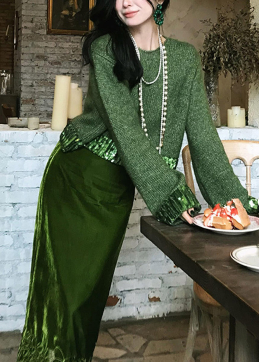 Fitted Green Knit Sweaters and Velour Skirts Two Piece Suit Set Spring