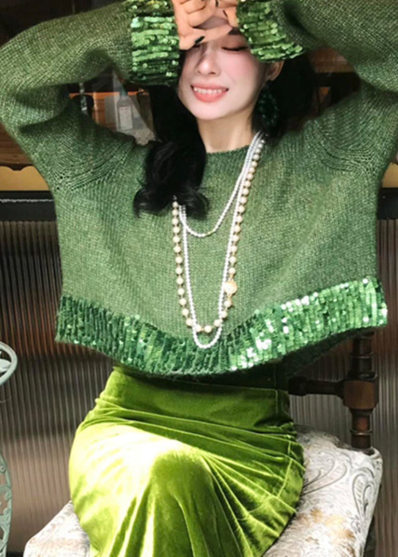 Fitted Green Knit Sweaters and Velour Skirts Two Piece Suit Set Spring