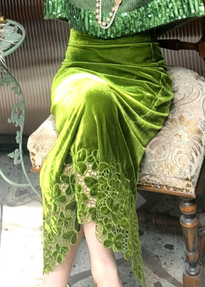 Fitted Green Knit Sweaters and Velour Skirts Two Piece Suit Set Spring