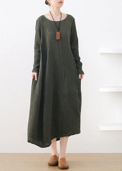 Fitted Green O-neck Asymmetrical Cotton Maxi Dress Long Sleeve