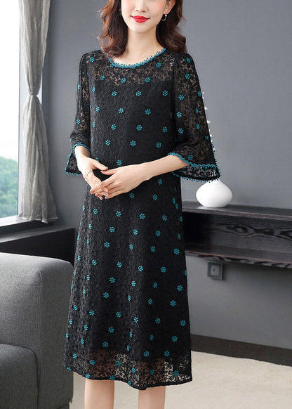 Fitted Green O-neck Embroideried Silk Dress Half Sleeve