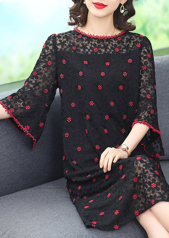 Fitted Green O-neck Embroideried Silk Dress Half Sleeve