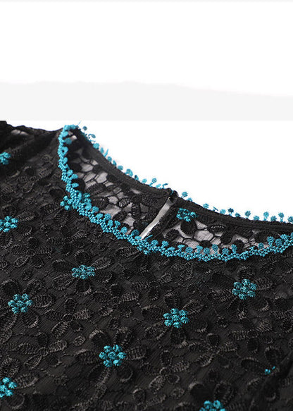Fitted Green O-neck Embroideried Silk Dress Half Sleeve