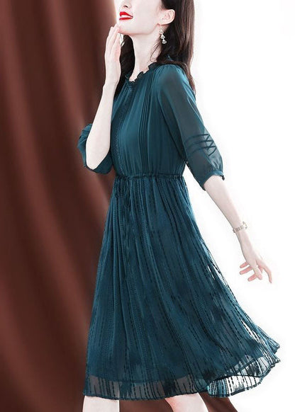 Fitted Green O-neck Ruffled Tie Waist Silk Maxi Dresses Half Sleeve