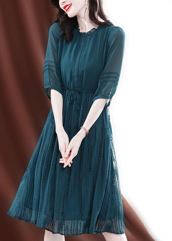 Fitted Green O-neck Ruffled Tie Waist Silk Maxi Dresses Half Sleeve