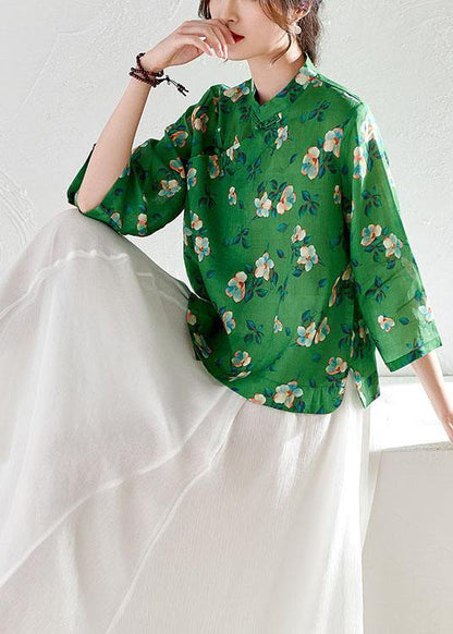 Fitted Green Oriental Print Button Summer Ramie Top