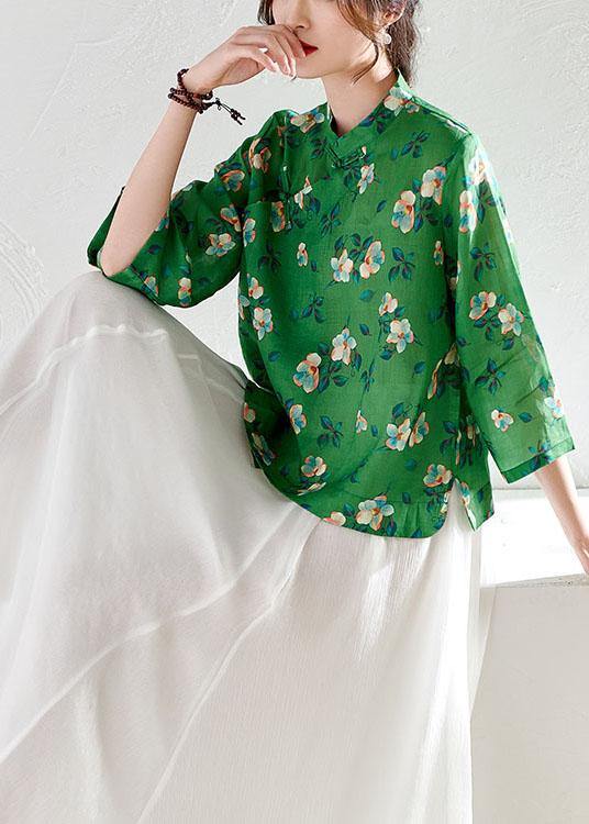Fitted Green Oriental Print Button Summer Ramie Top
