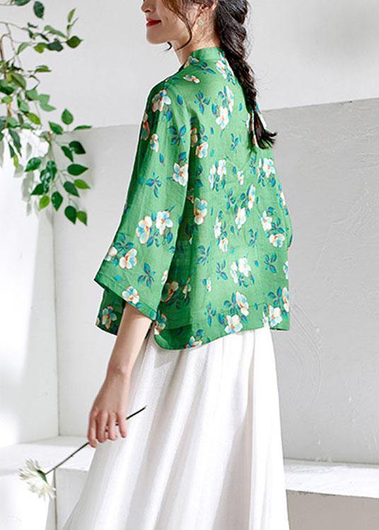 Fitted Green Oriental Print Button Summer Ramie Top