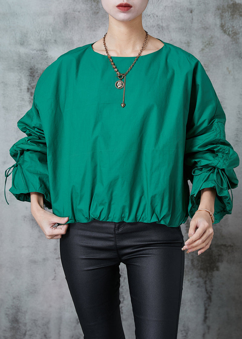 Fitted Green Oversized Drawstring Cotton Pullover Spring