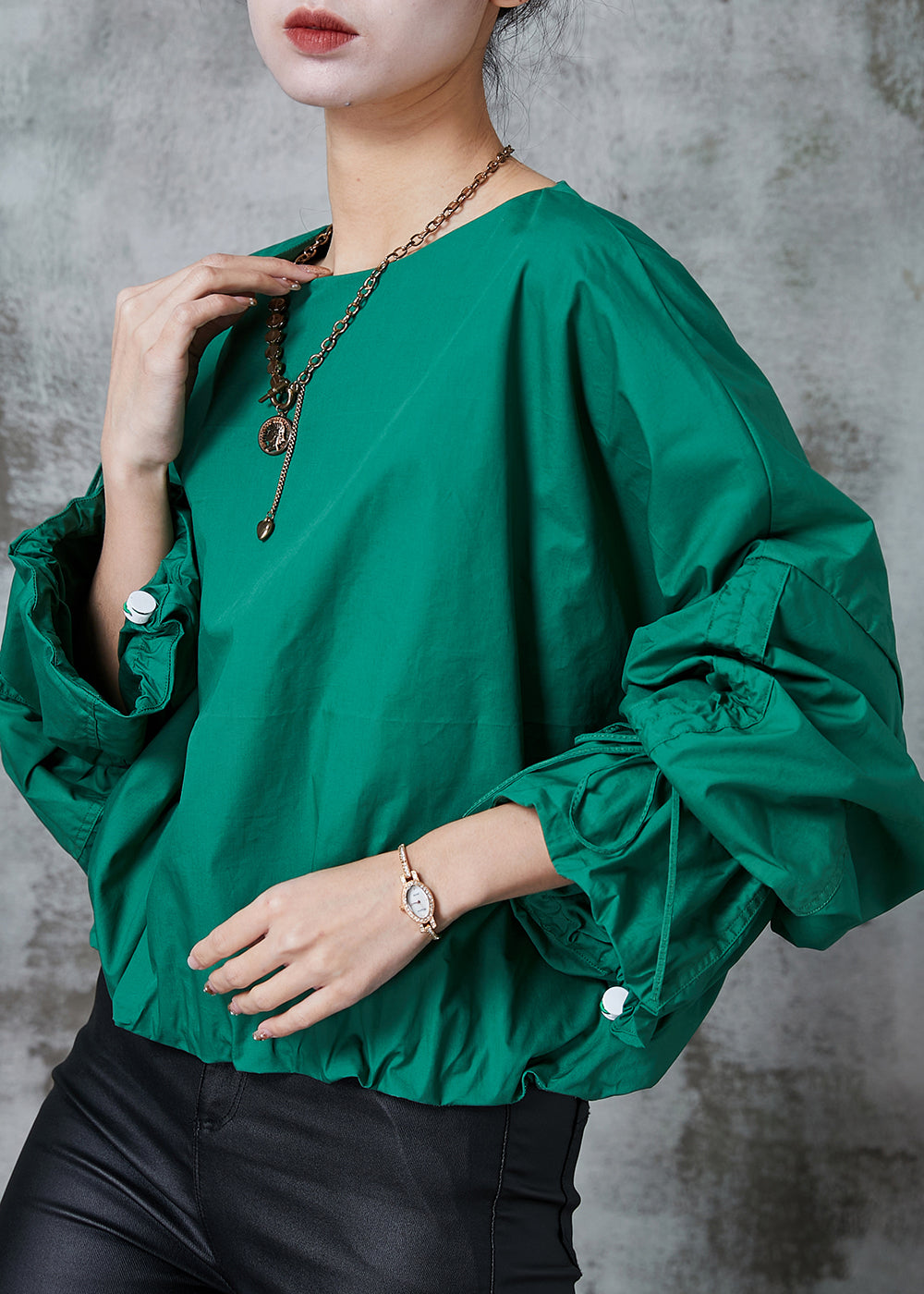 Fitted Green Oversized Drawstring Cotton Pullover Streetwear Spring