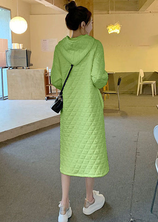 Fitted Green Hooded Fine Cotton Filled Dress Winter