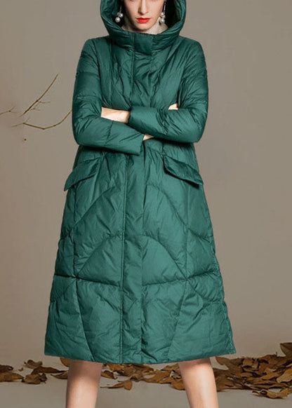 Fitted Green Hooded Zippered Winter Duck Down Coat