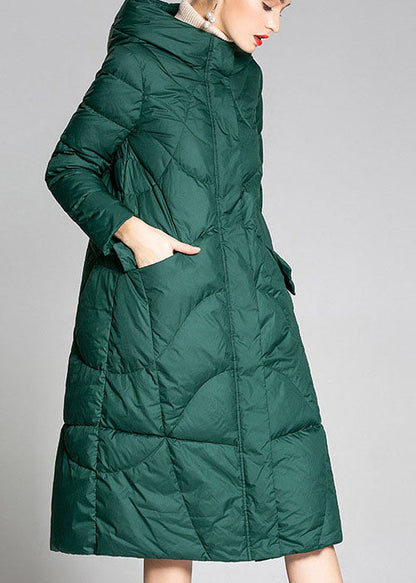 Fitted Green Hooded Zippered Winter Duck Down Coat