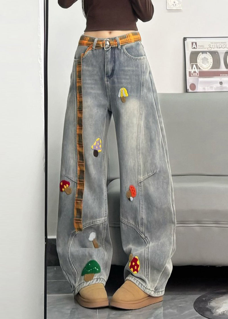 Fitted Grey Embroidered Patchwork Denimwarm Fleece Pants Winter