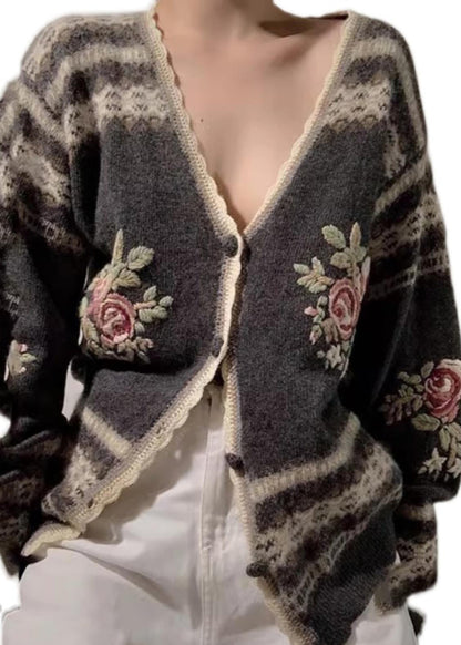 Fitted Grey Embroidered Knit Cardigans Spring