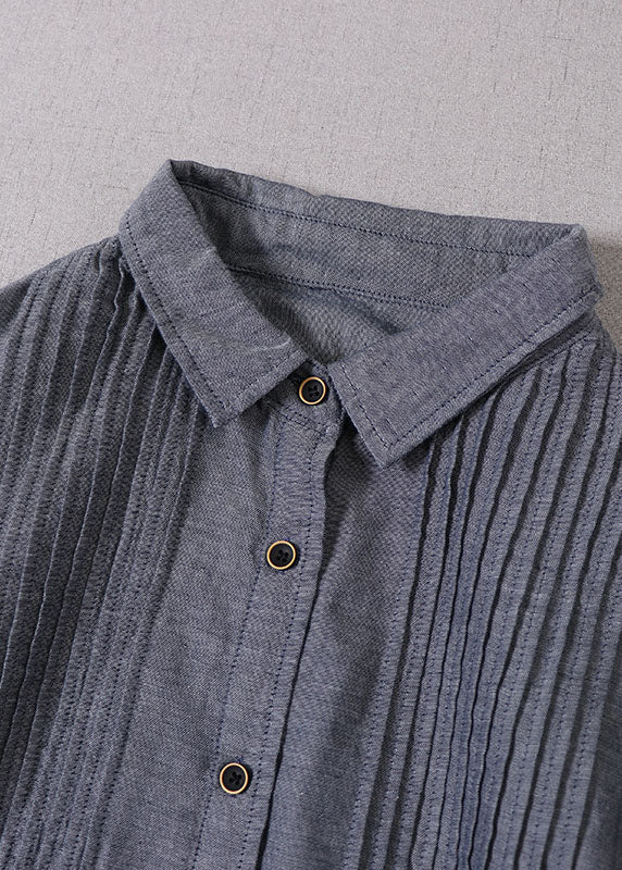 Fitted Grey Peter Pan Collar Wrinkled Cotton Dresses Spring