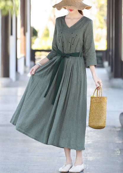Fitted Grey Tie Waist Embroideried Wrinkled Cotton Vacation Dresses Three Quarter Sleeve
