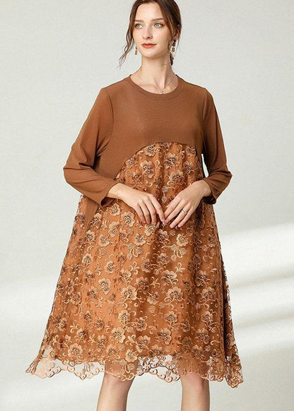 Fitted Khaki Tulle Jacquard Hollow Out Fall Long Sleeve Maxi Dress