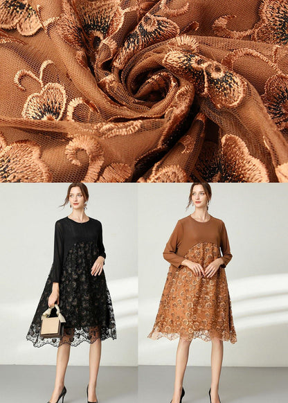 Fitted Khaki Tulle Jacquard Hollow Out Fall Long Sleeve Maxi Dress