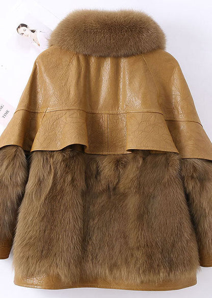 Fitted Khaki Zip Up Fox Fur Patchwork Leather Puffer Jacket Winter