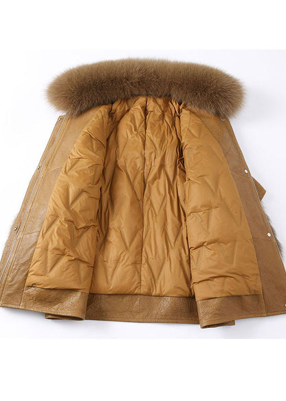 Fitted Khaki Zip Up Fox Fur Patchwork Leather Puffer Jacket Winter