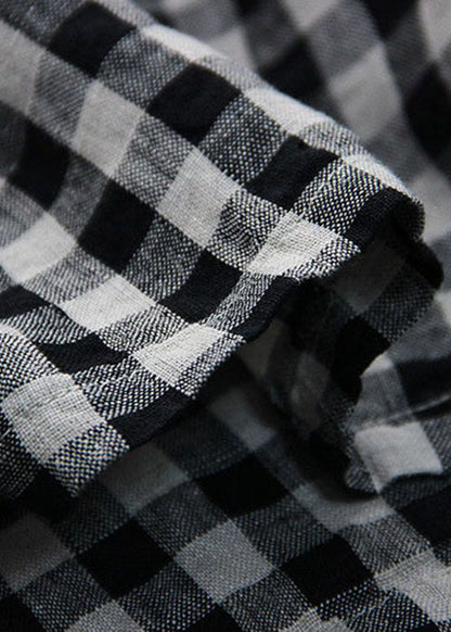Fitted Large Lattice V Neck Button Loose Linen Shirt Spring